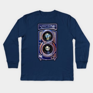 Classic Retro vintage blue chrome double lens camera Kids Long Sleeve T-Shirt